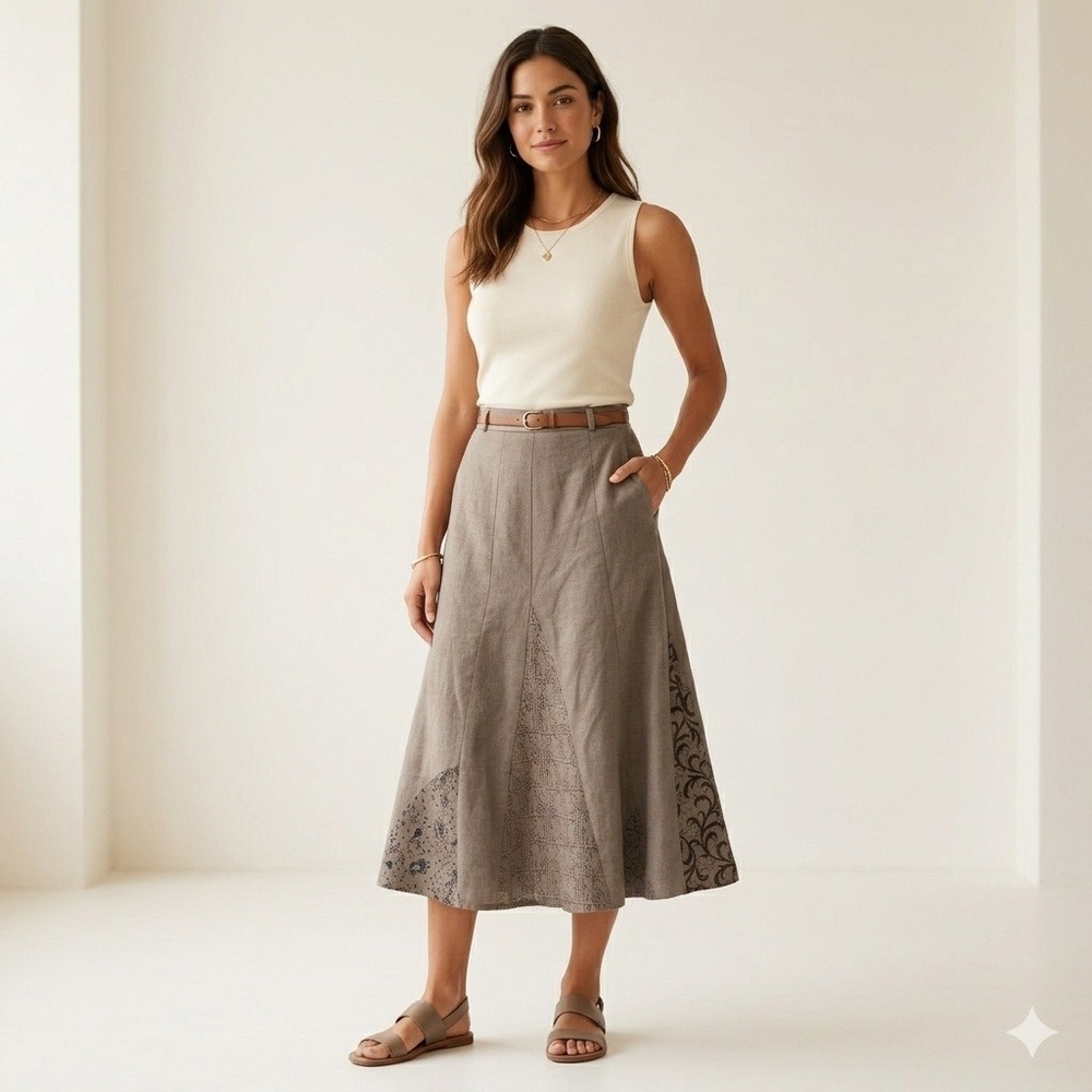 Free People Brown Mixed Print Celestial Lace Paneled Skirt Size 9 Boho